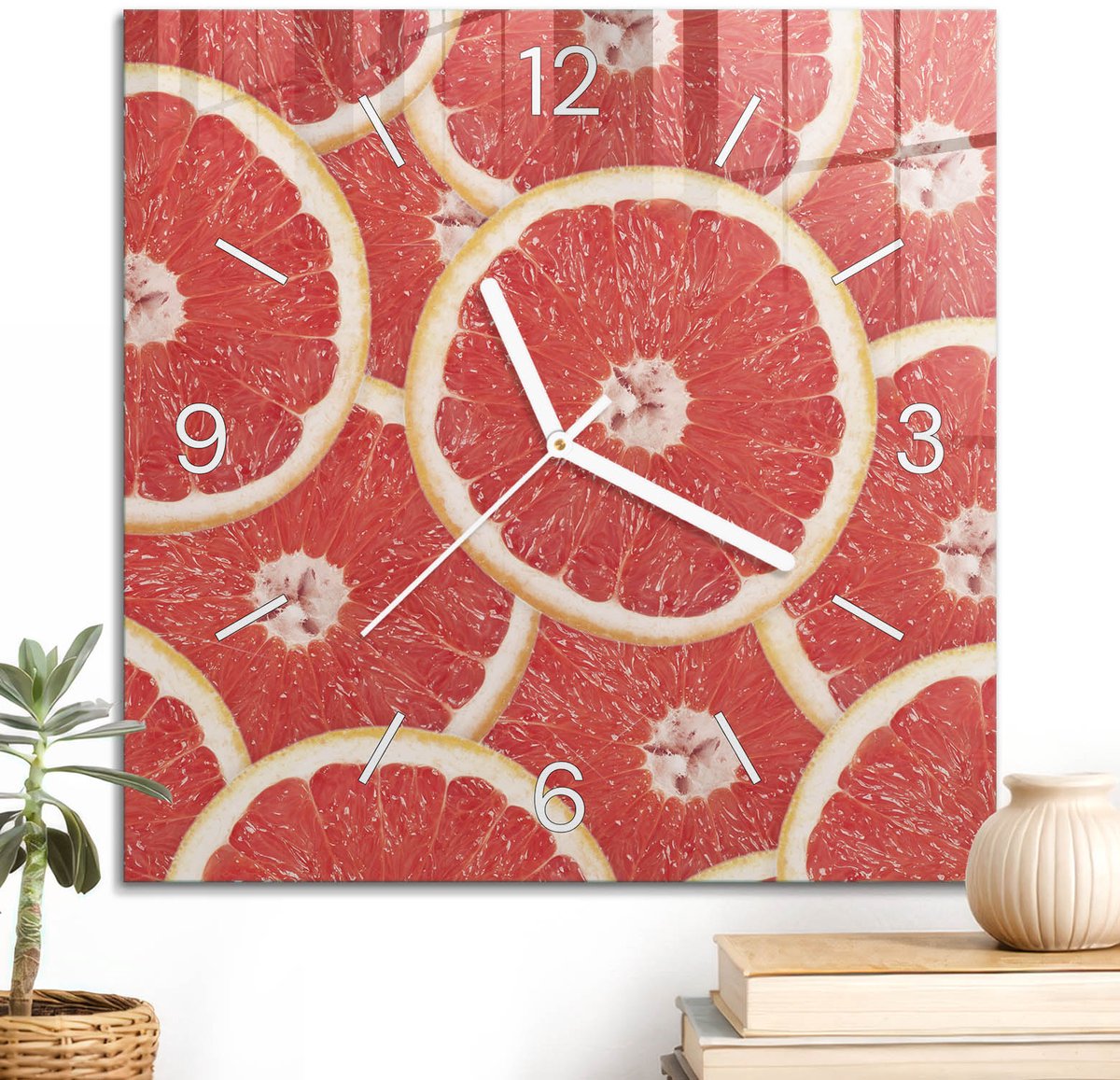 ArtPrintCave Rood Glazen Klok - 30x30 cm - Wandklok Vierkant - Sinaasappelschijfjes Stille Wandklok - Abstractie Wandklok Keuken - Witte Klokwijzers