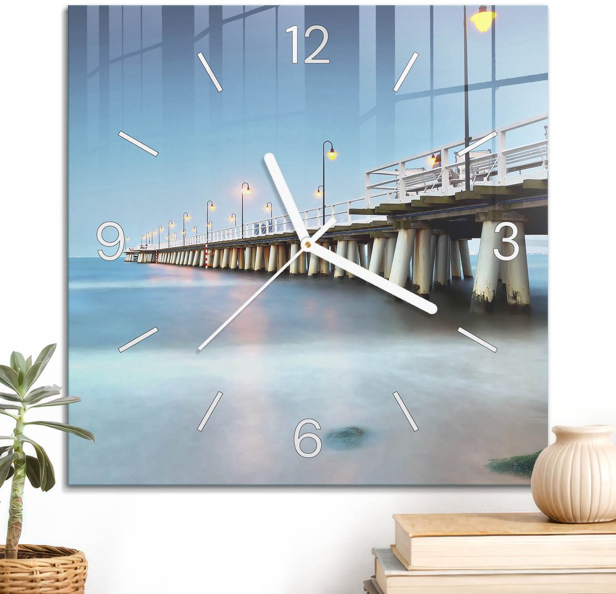 ArtPrintCave Blauw Glazen Klok - 30x30 cm - Wandklok Vierkant - Zeepier Unieke Klok - Natuur Stille Wandklok - Witte Klokwijzers