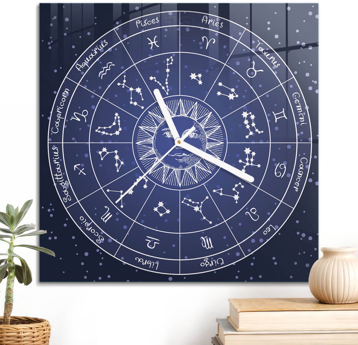 ArtPrintCave Blauw Glazen Klok - 30x30 cm - Wandklok Vierkant - Kosmische Dierenriem Wandklok Keuken - Abstractie Unieke Klok - Witte Klokwijzers