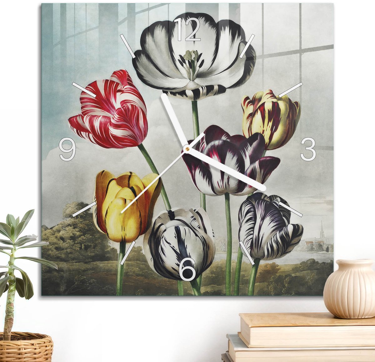 ArtPrintCave Geel Glazen Klok - 30x30 cm - Wandklok Vierkant - Kleurrijke Tulpen Wandklok Keuken - Landschappen Unieke Klok - Witte Klokwijzers