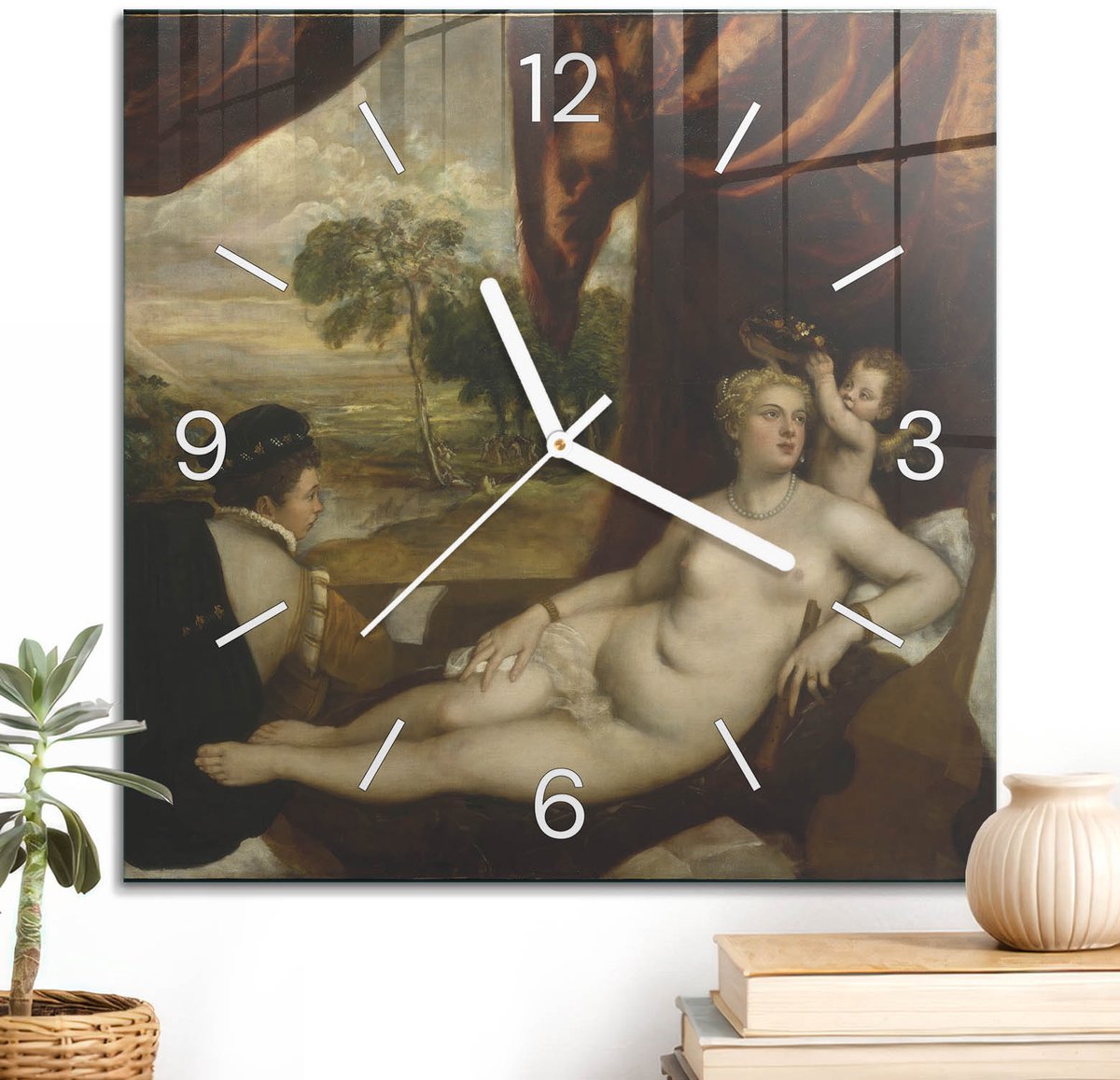 ArtPrintCave Bruin Glazen Klok - 30x30 cm - Wandklok Vierkant - Renaissance Scène Wandklok Keuken - Mensen Unieke Klok - Witte Klokwijzers