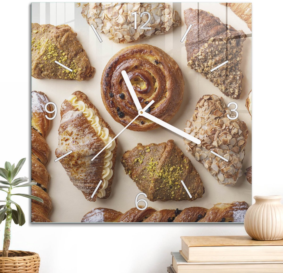 ArtPrintCave Bruin Glazen Klok - 30x30 cm - Wandklok Vierkant - Gebakken Lekkernijen Unieke Klok - Texturen Stille Wandklok - Witte Klokwijzers