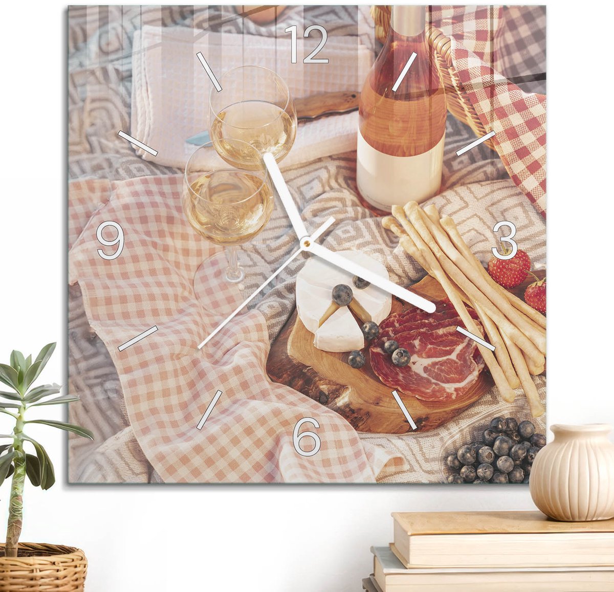 ArtPrintCave Beige Glazen Klok - 30x30 cm - Wandklok Vierkant - Zomerfeest Unieke Klok - Bloemen En Planten Stille Wandklok - Witte Klokwijzers