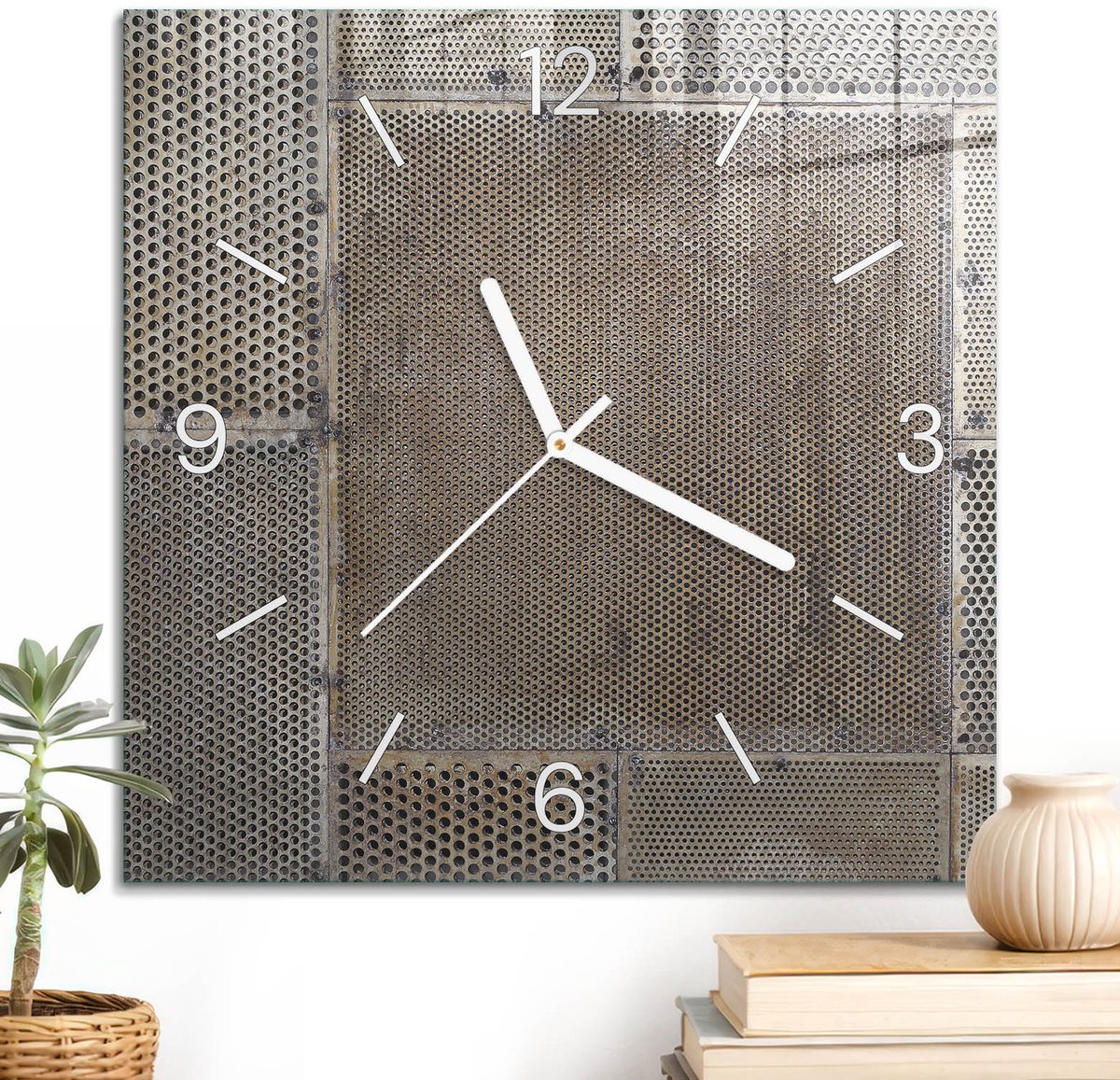 ArtPrintCave Grijs Glazen Klok - 30x30 cm - Wandklok Vierkant - Geperforeerde Panelen Stille Wandklok - Achtergronden En Patronen Wandklok Keuken - Witte Klokwijzers
