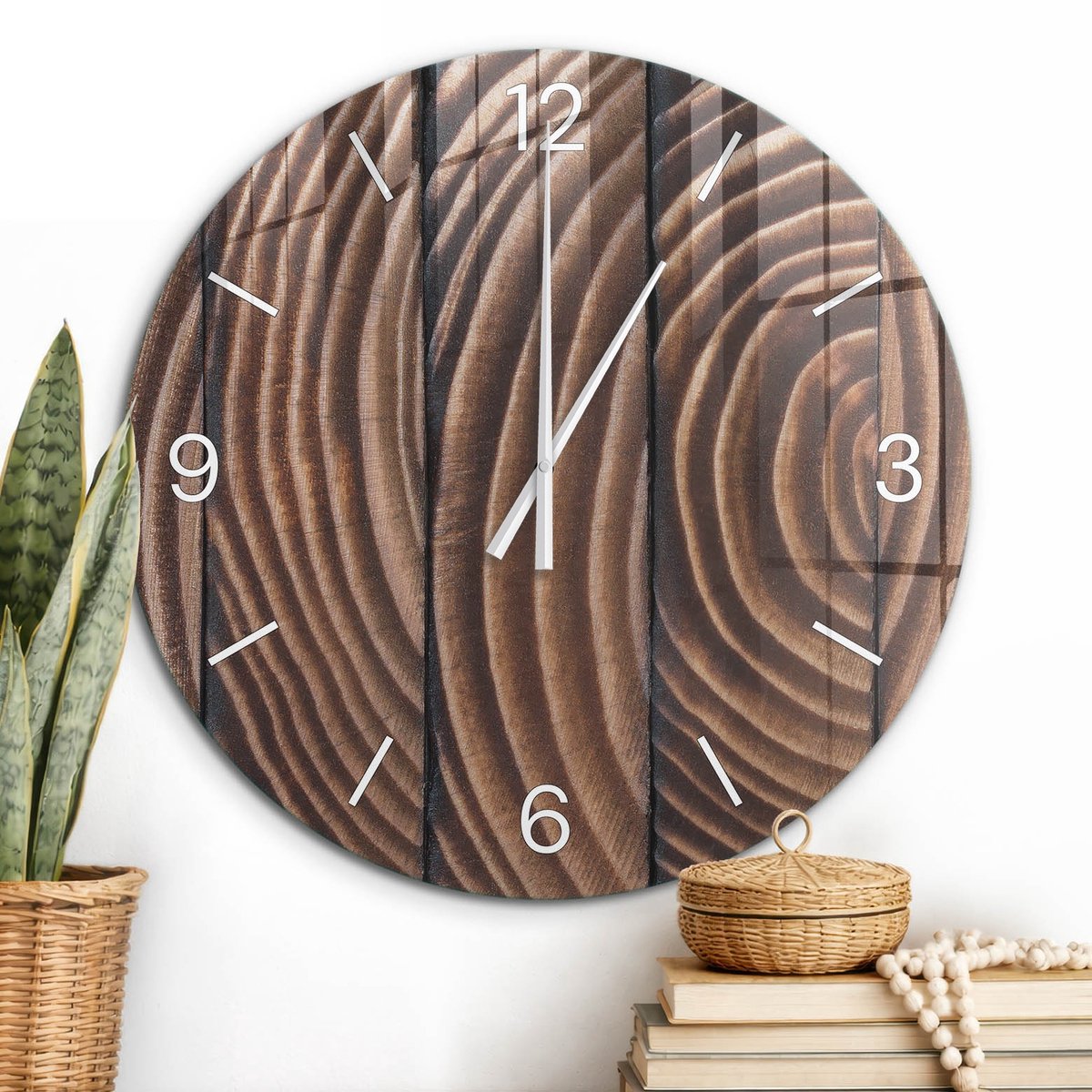 ArtPrintCave Bruin Glazen Klok - Wandklok 60 cm - Muurklok Rond - Houten Ringen Unieke Klok - Natuur Stille Wandklok - Witte Klokwijzers