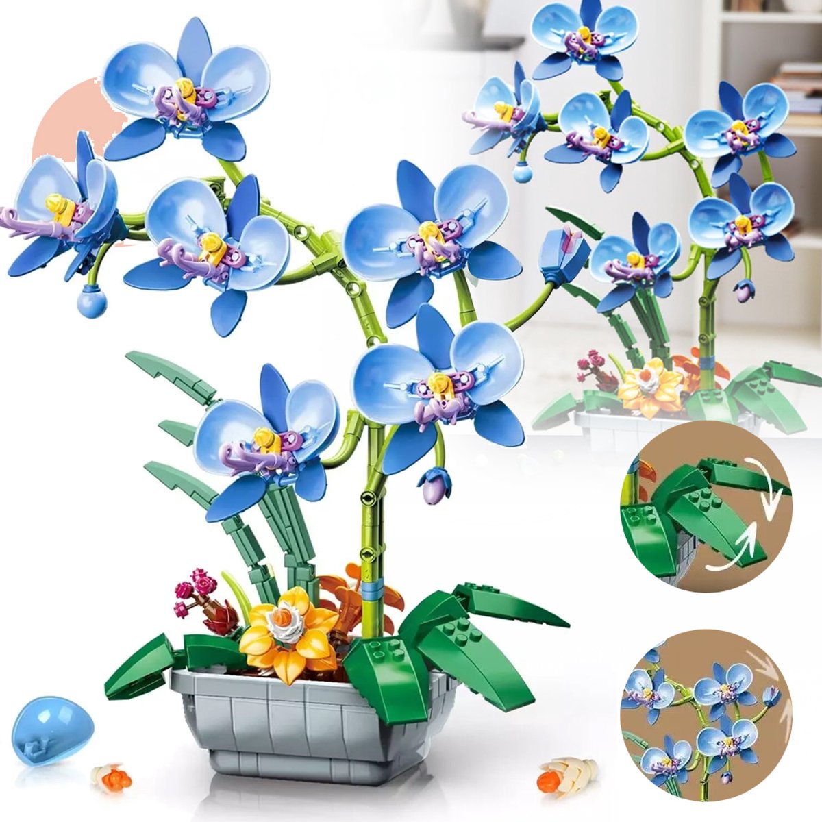 Orchideeën Bouwset Met Verstelbare Stengels Bloemen En Wortels - Veilig Niet-Giftig ABS Realistische Details Creatieve Decoratie - Voor Woonkamer, Slaapkamer, Kantoor En Studeerkamer - Blauw