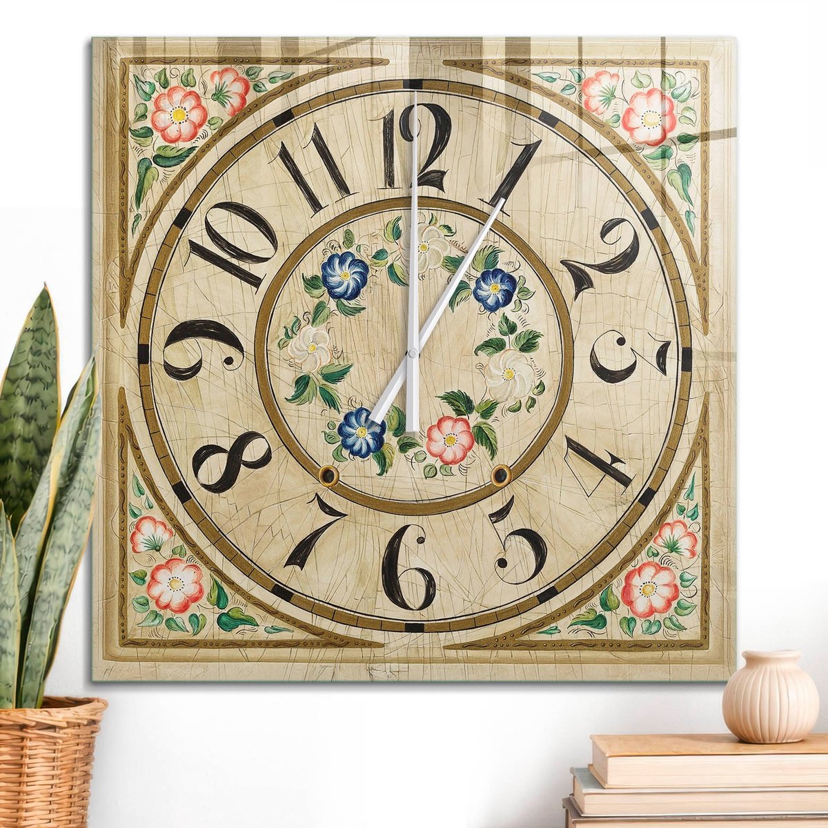 ArtPrintCave Beige Glazen Klok - 60x60 cm - Wandklok Vierkant - Retro Bloemen Wandklok Keuken - Abstractie Unieke Klok - Witte Klokwijzers