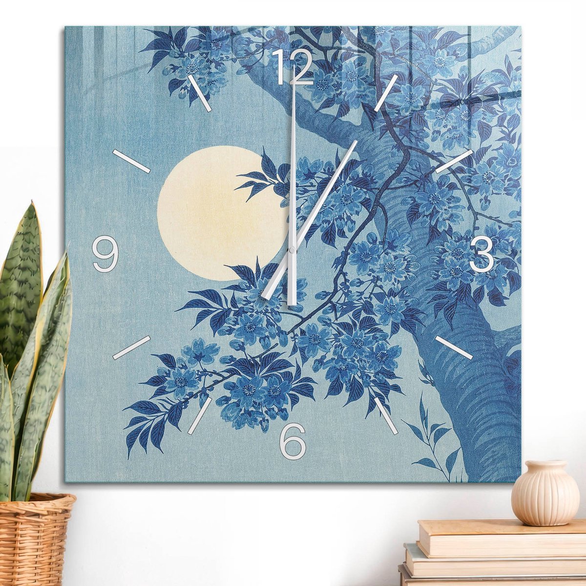 ArtPrintCave Blauw Glazen Klok - 60x60 cm - Wandklok Vierkant - Nachttuin Wandklok Keuken - Natuur Unieke Klok - Witte Klokwijzers
