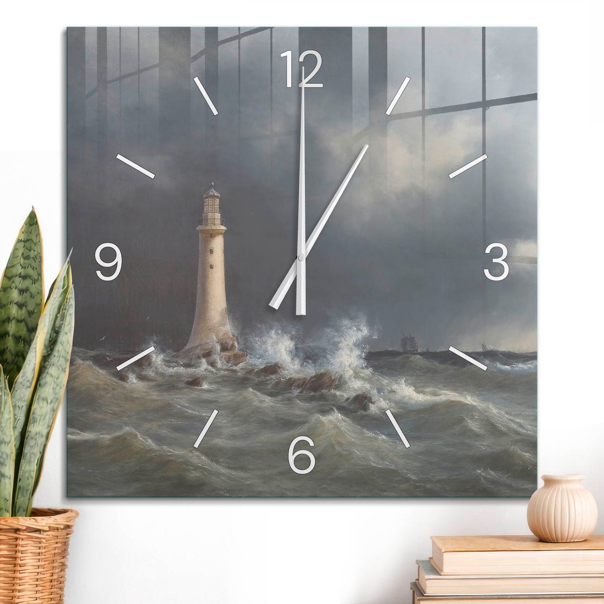 ArtPrintCave Grijs Glazen Klok - 60x60 cm - Wandklok Vierkant - Stormlantaarn Unieke Klok - Architectuur Stille Wandklok - Witte Klokwijzers