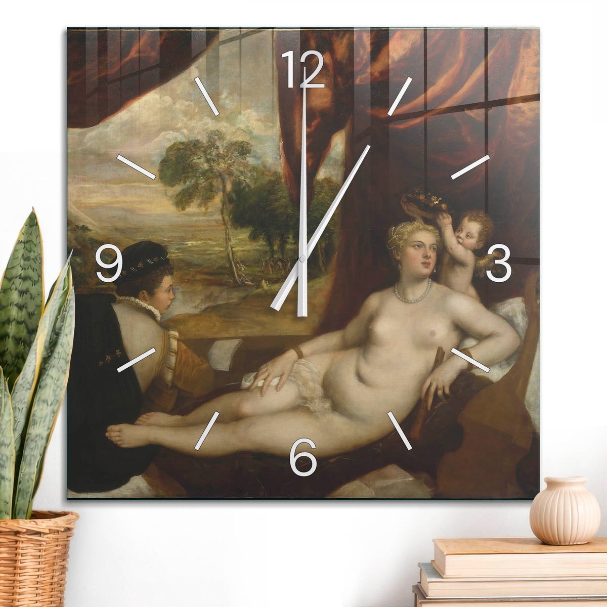 ArtPrintCave Bruin Glazen Klok - 60x60 cm - Wandklok Vierkant - Renaissance Scène Unieke Klok - Mensen Stille Wandklok - Witte Klokwijzers