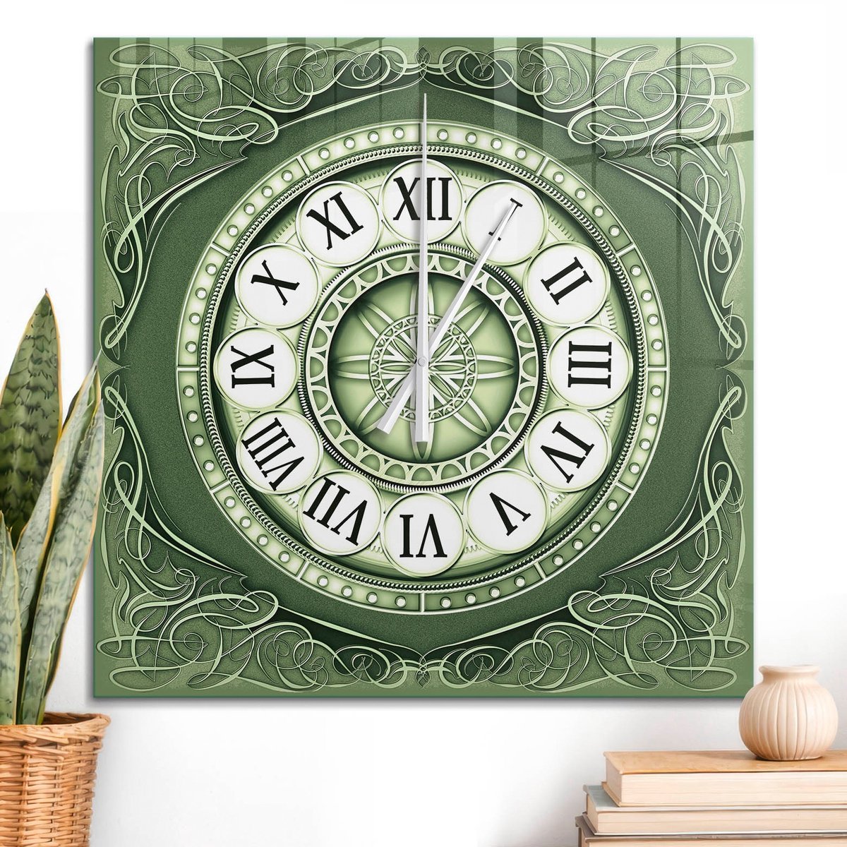 ArtPrintCave Groene Glazen Klok - 60x60 cm - Wandklok Vierkant - De Groene Tinten Van De Tijd Wandklok Keuken - Geometrische Unieke Klok - Witte Klokwijzers