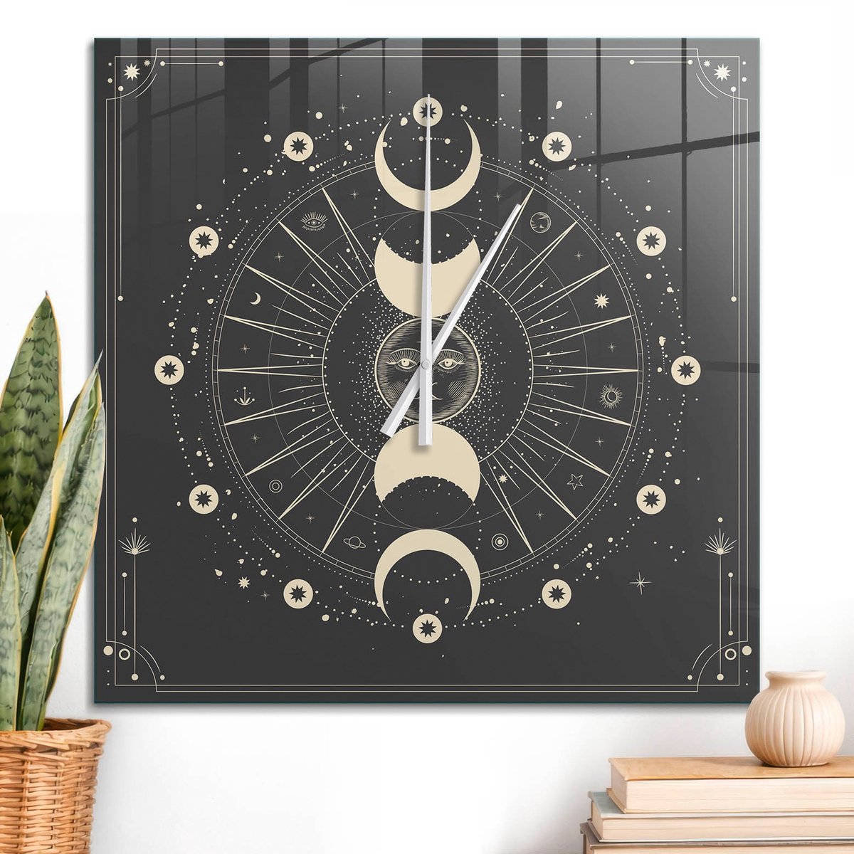 ArtPrintCave Zwart Glazen Klok - 60x60 cm - Wandklok Vierkant - Maanritueel Stille Wandklok - Abstractie Wandklok Keuken - Witte Klokwijzers