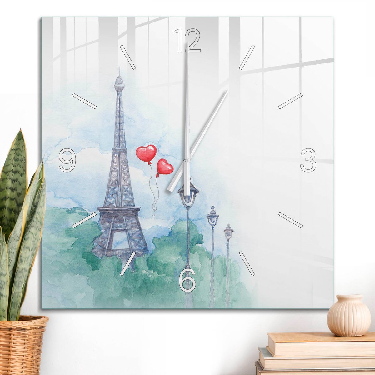ArtPrintCave Blauw Glazen Klok - 60x60 cm - Wandklok Vierkant - Romantisch Parijs Unieke Klok - Kunst Stille Wandklok - Witte Klokwijzers