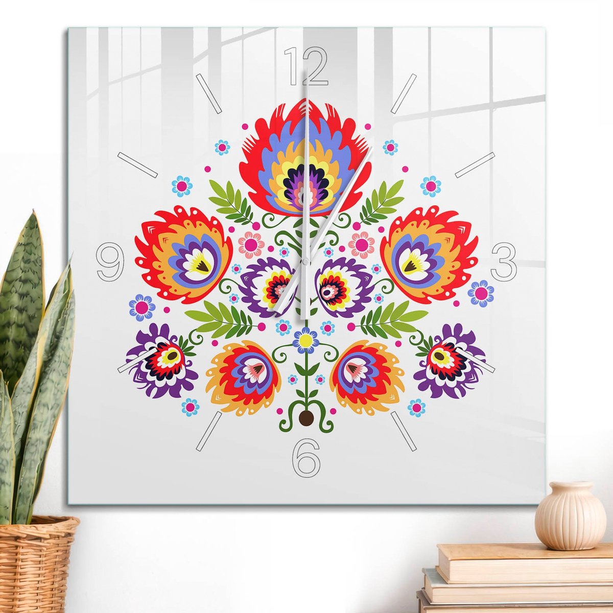 ArtPrintCave Rood Glazen Klok - 60x60 cm - Wandklok Vierkant - Volksbloemen Unieke Klok - Kunst Stille Wandklok - Witte Klokwijzers