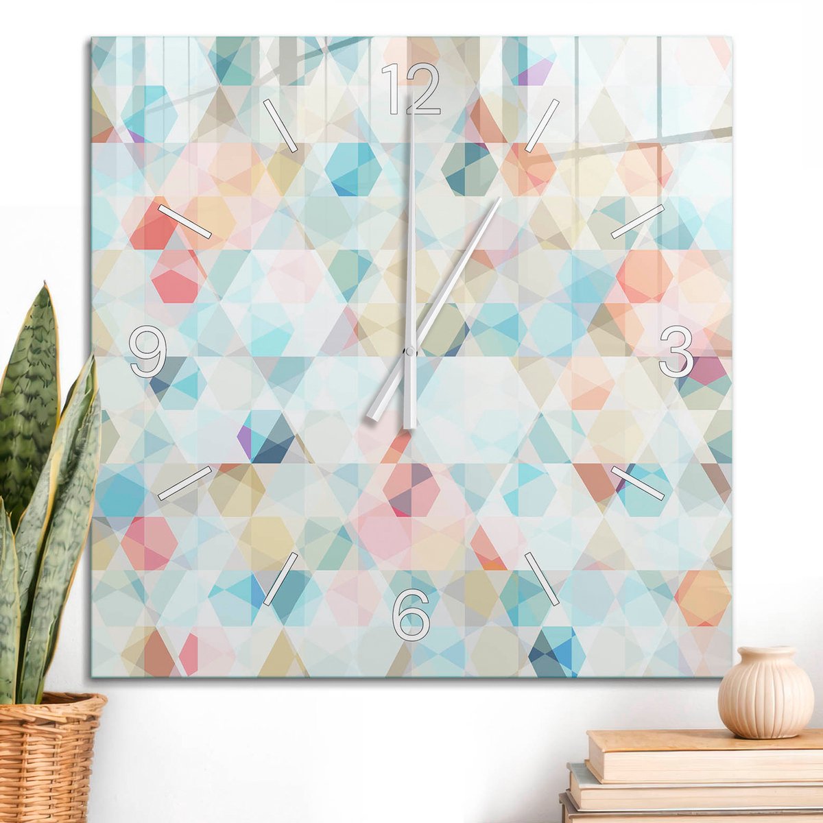 ArtPrintCave Blauw Glazen Klok - 60x60 cm - Wandklok Vierkant - Kleurrijk Mozaïek Stille Wandklok - Geometrie Wandklok Keuken - Witte Klokwijzers