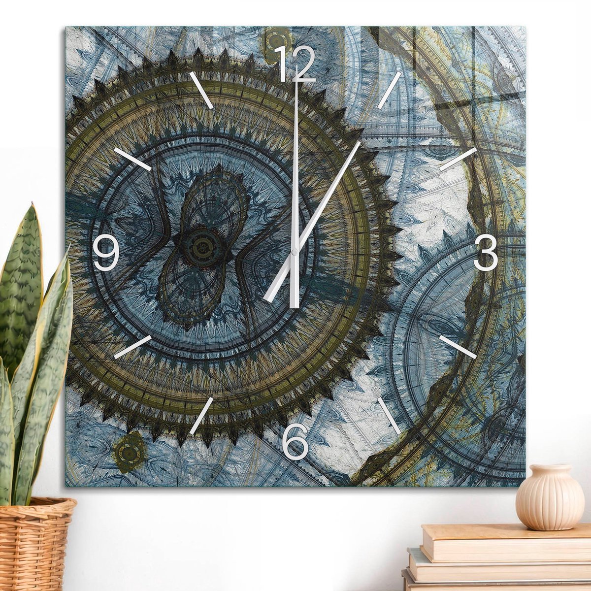 ArtPrintCave Blauw Glazen Klok - 60x60 cm - Wandklok Vierkant - Mysterieuze Cirkels Wandklok Keuken - Geometrie Unieke Klok - Witte Klokwijzers