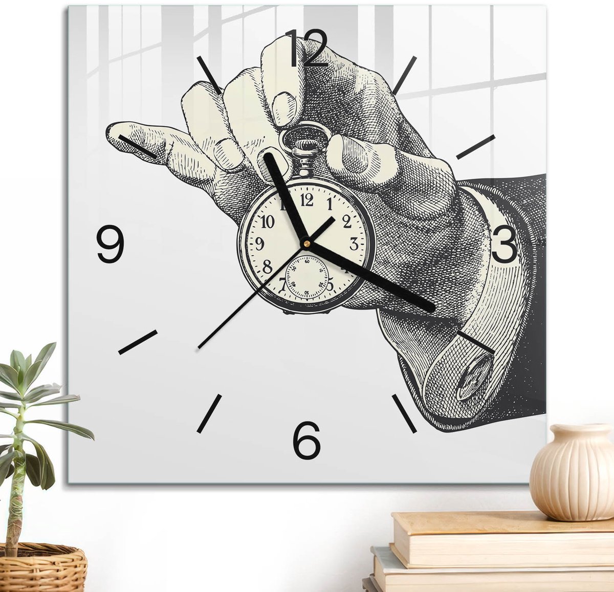 ArtPrintCave Zwart-wit Glazen Klok - 30x30 cm - Wandklok Vierkant - Tijd En Elegantie Stille Wandklok - Mensen Wandklok Keuken - Zwarte Klokwijzers