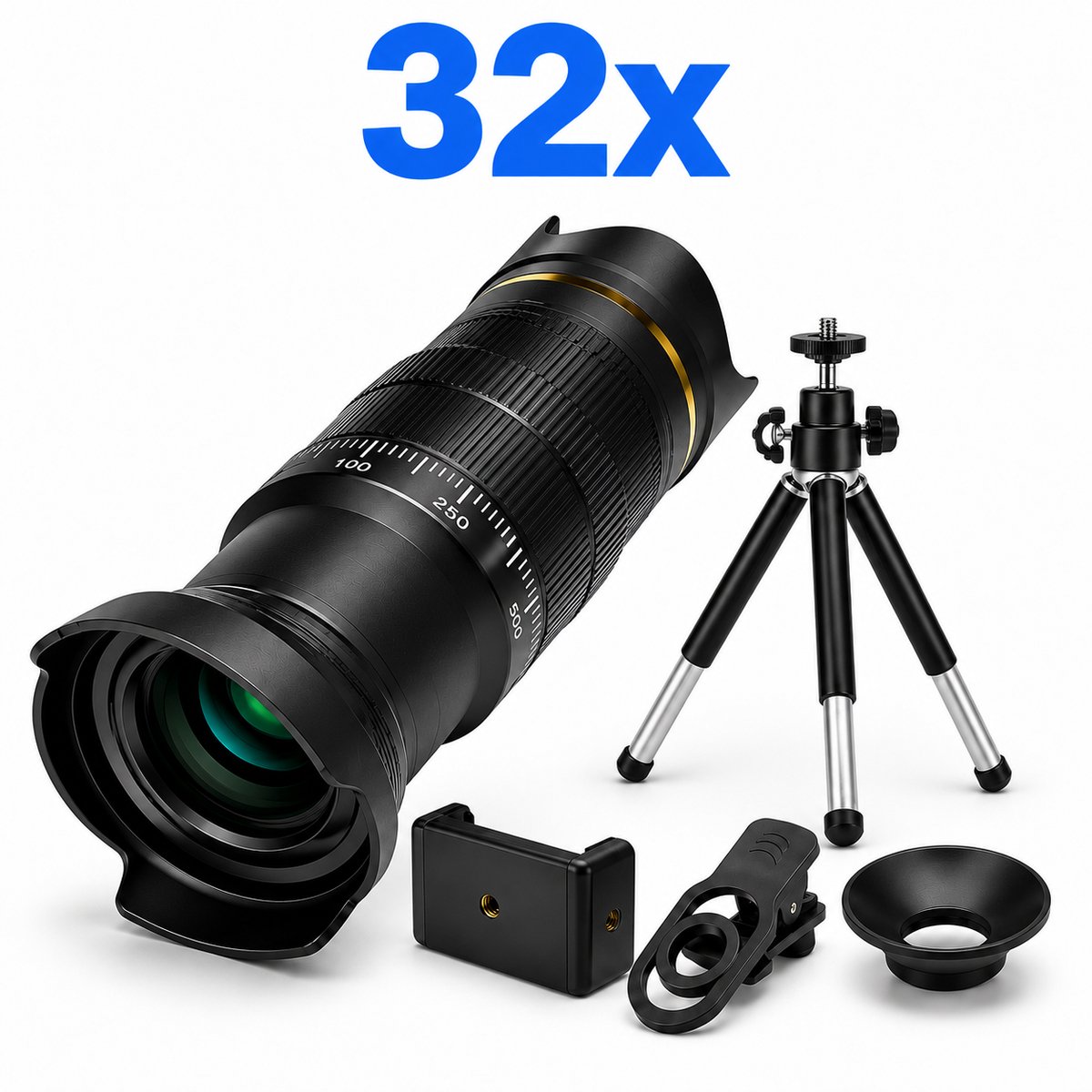 32x Telefoon Camera Lens - 3-in-1 Professioneel - Statief - Zwart