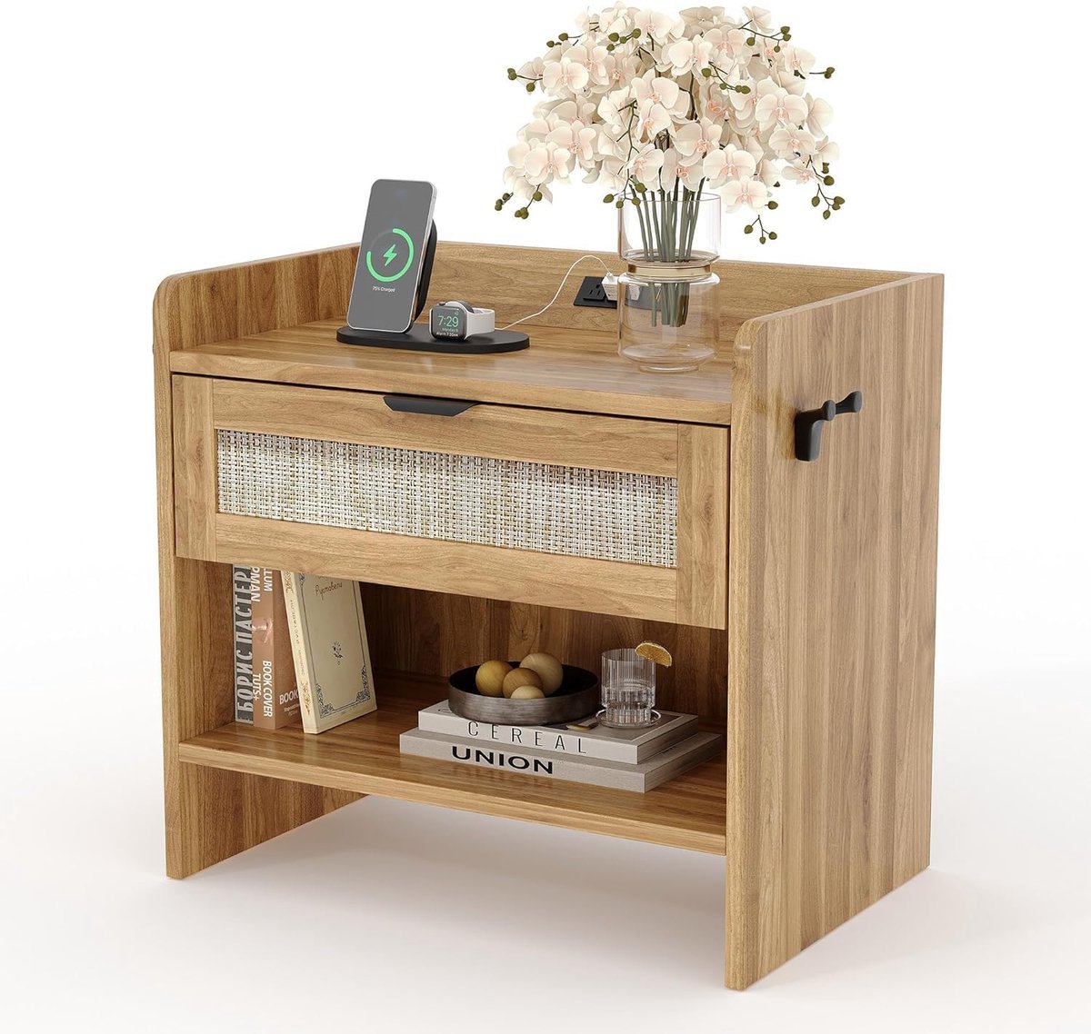 Triumpunpre Boheemse rotan nachtkastje met lade en open nis, praktische opberg tafel voor slaapkamer en kantoor, Walnoothout