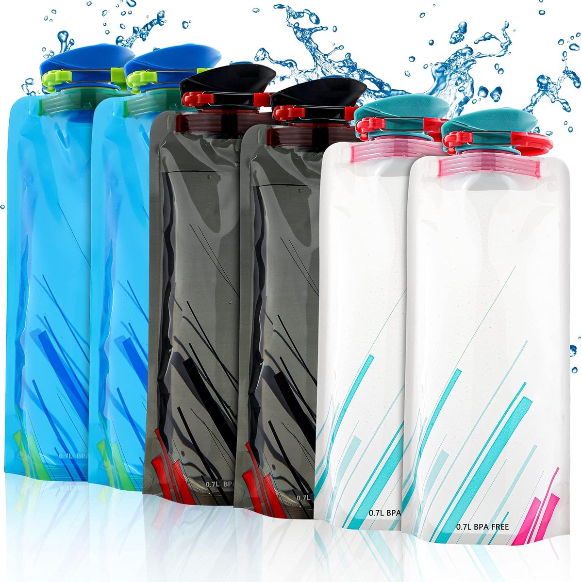 Flessen, 6 stuks, 700 ml, opvouwbare drinkfles, flexibele opvouwbare drinkfles, herbruikbare waterflessen, drinkrugzakken voor wandelen, avontuur, reizen