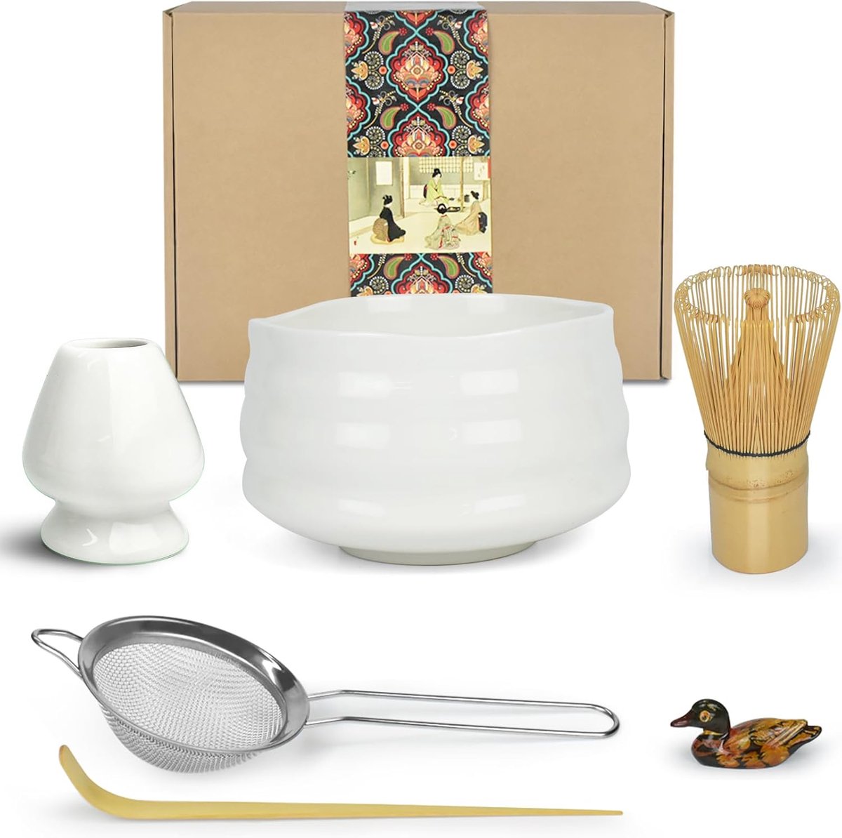 Japanse Theeceremonie, Traditionele Matchakom, Garde, Theelepel, Poederzeef En Servies Voor Usucha, Koicha En Matcha Latte (Wit)