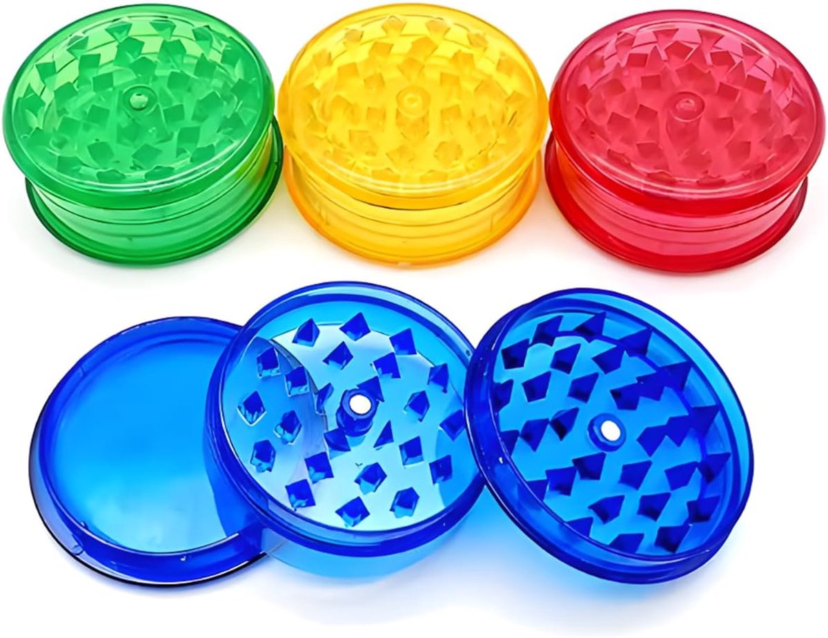 Verpakking Met 4 Kunststof Grinders 60mm - 3-Delig - Ideaal Voor Kruiden En Specerijen - Mix Van 4 Willekeurige Kleuren