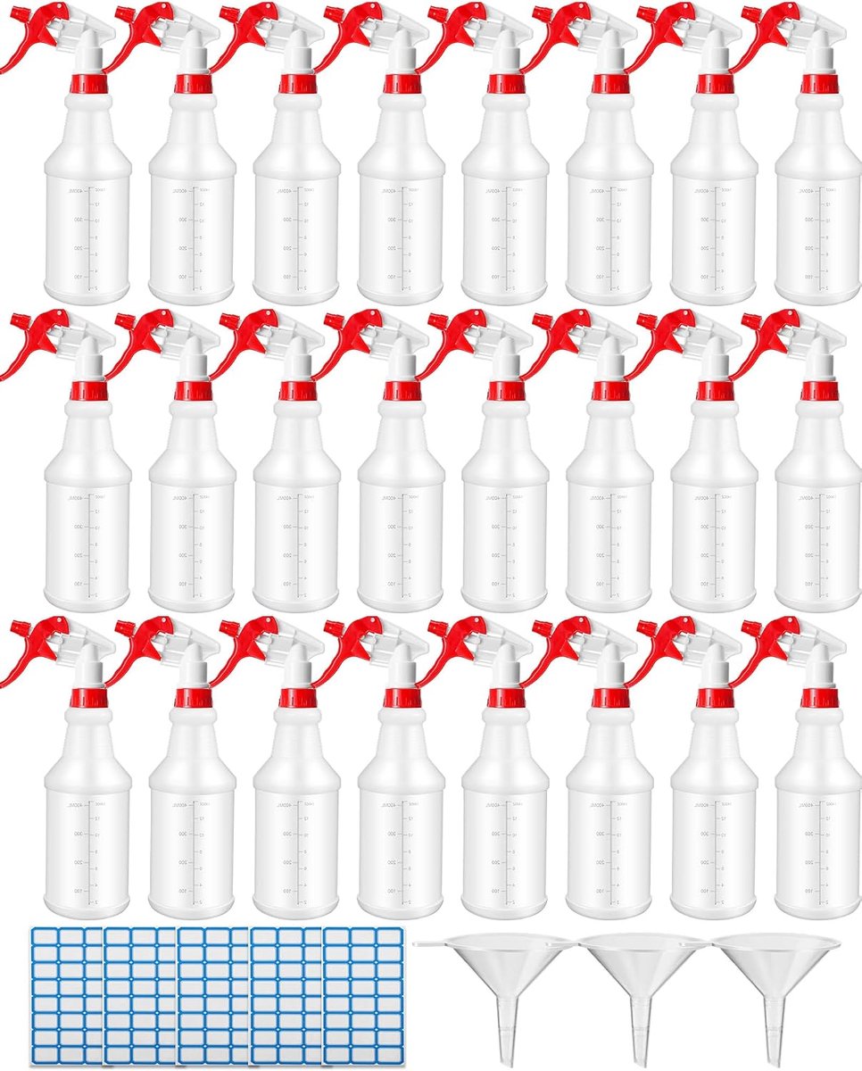 20 stuks lege spuitflessen van 16 oz voor reiniging, lekvrije spuitflessen met afmetingen en verstelbaar mondstuk voor reinigingsoplossingen, commerciële benodigdheden (rood)