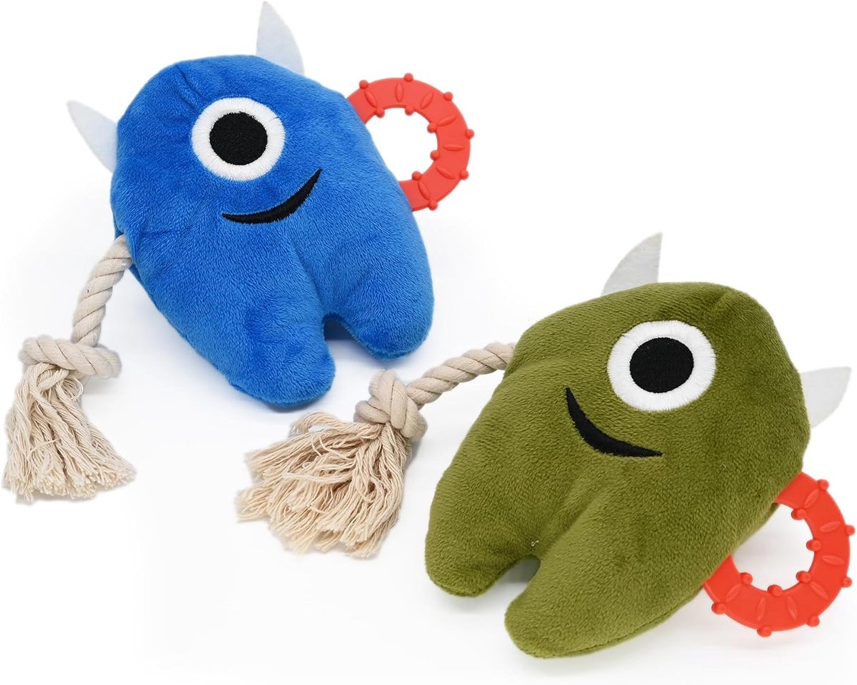 Piepend kauwspeelgoed voor grote honden, gevuld pluche hondenspeelgoed, duurzaam touwtrekspeelgoed, puppyspeelgoed, monsterspeelgoed (set van 2, blauw en groen)
