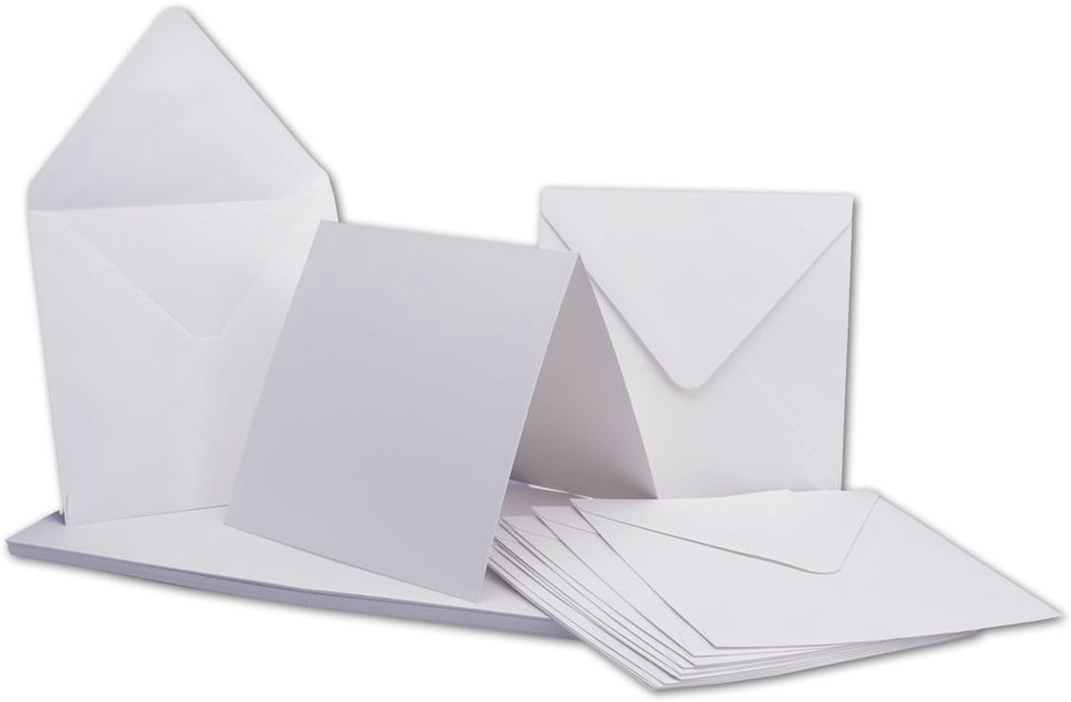 Set van 50 vouwkaartenset, vierkant, wit/hoogwit, vouwkaart 13,5 x 13,5 cm, 240 g/m², met enveloppen, vierkant, 14 x 14 cm, 120 g/m², nat lijmen