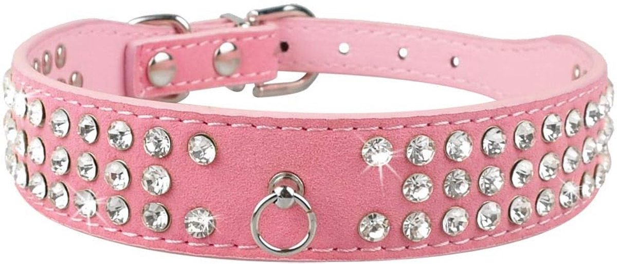 Schattig schitterende sprankelende elegante Fancy suède leer 3 rijen Bling strass kristal juwelen hondenhalsband kleine huisdier kat hond puppy kraag, S, roze