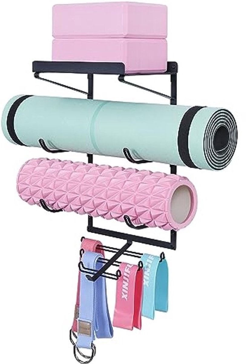 Yoga Mat Holder Wandbevestiging - Opbergrek voor Yoga Matten met 3 Secties en 7 Haakjes voor Foam Roller en Weerstandsbanden