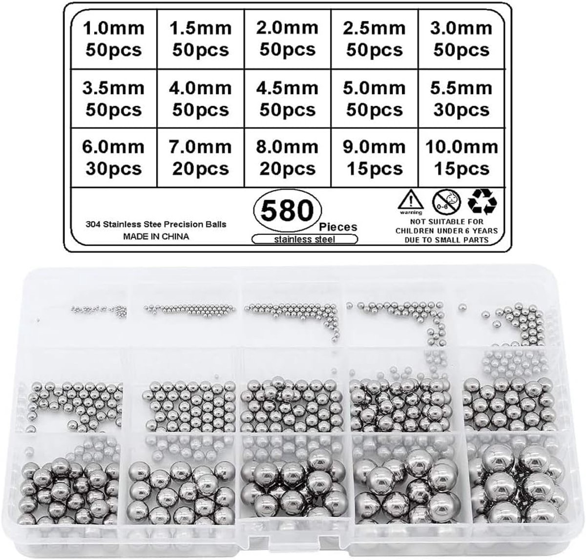 580 Stuks Stalen Kogels 1-10 mm voor Gereedschappen, Huishoudelijke Apparaten, Wielen, Lagers