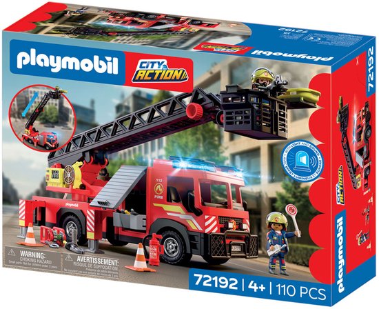 Playmobil brandweerladderwagen set met rode wagen, ladder, twee figuren, accessoires en doos. Met licht en geluid.
