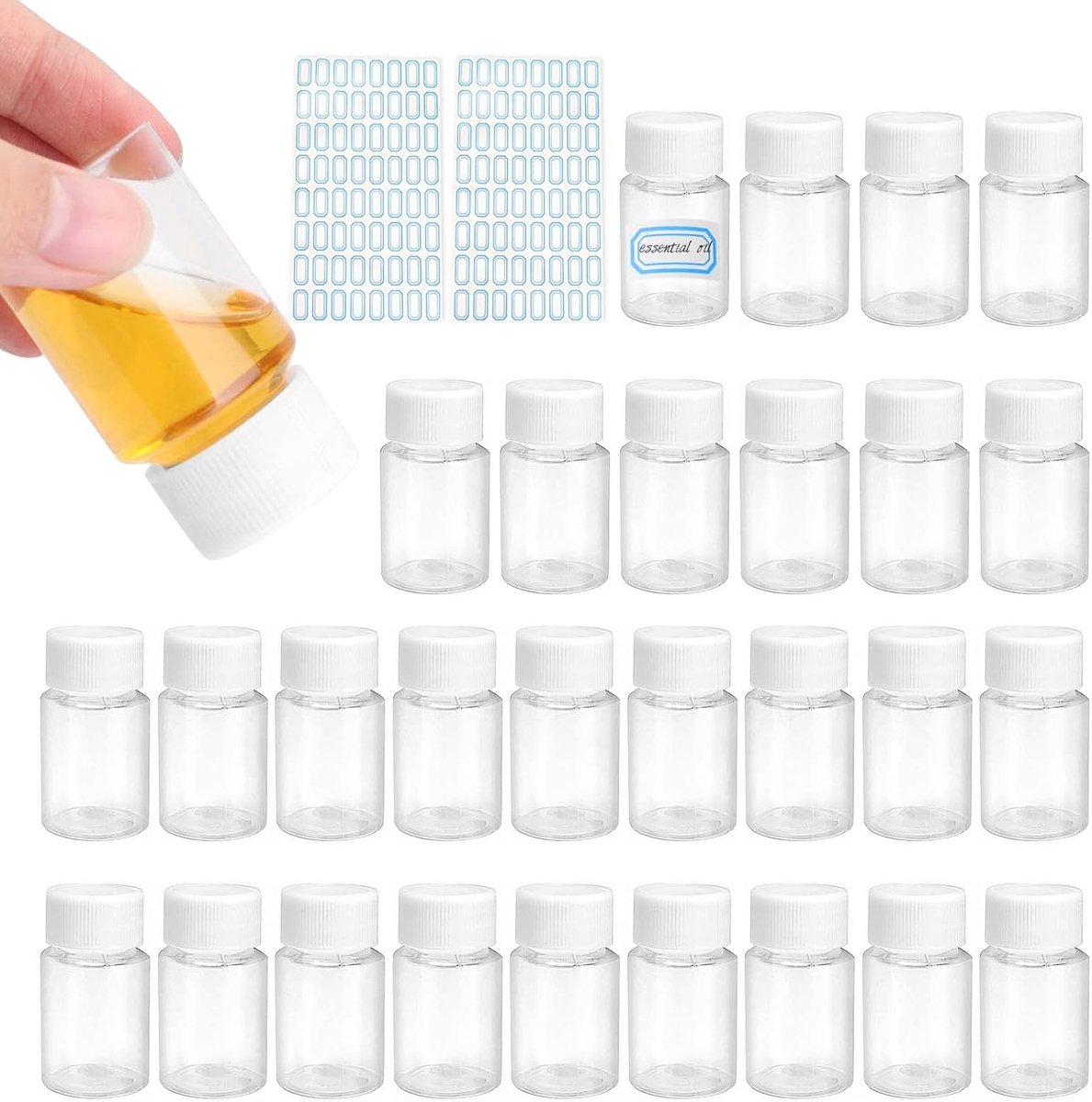 30 stuks lege plastic flessen, reisfles 20 ml voor cosmetica/camping, kunststof schroefgesloten reisfles met 2 stickers, transparante fles