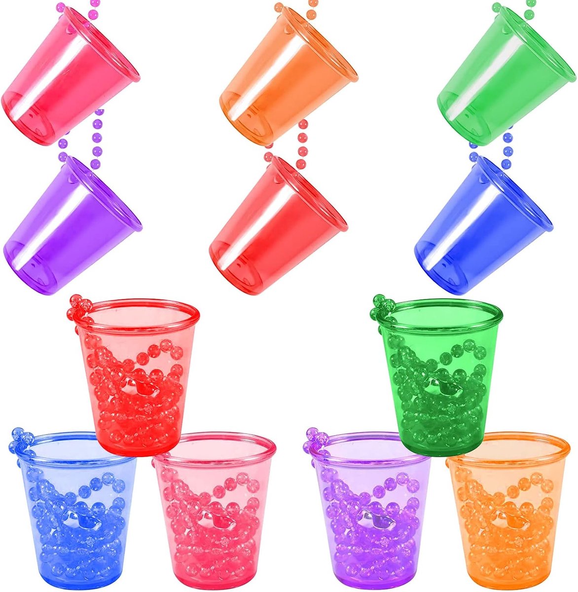 Borrelglaasjes met ketting om te hangen, 12 stuks, borrelglaasjes met parels, halsketting, borrelglas om te hangen, kunststof borrelglazen met ketting, halsketting voor vergaderingen en