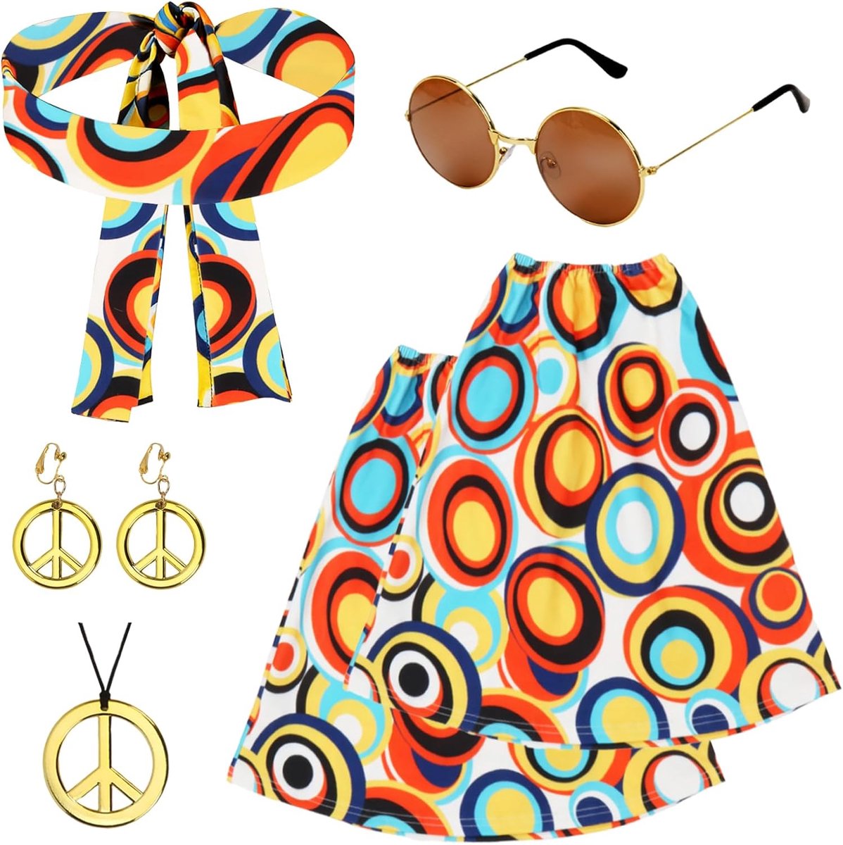 Hippiekostuum voor dames, jaren 60 en 70 outfit voor dames, met hoofdband, beenwarmers, halsketting, oorbellen, zonnebril, hippie-accessoires voor jaren '60-70-themafeest, carnaval, Halloween