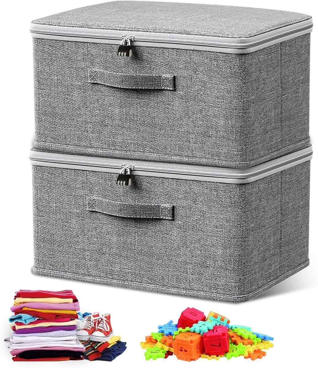 Foto opbergdoos - Grijs - 30 x 20 x 14 cm - Kationische Stof met Cijferslot - Opvouwbare Organisatiedoos