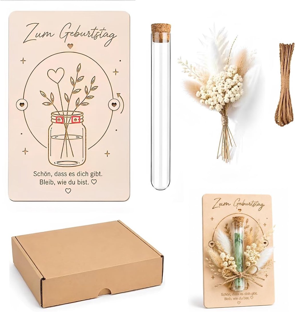1 set verjaardagskaarten van hout met gedroogde bloemen, creatieve driedimensionale doe-het-zelf wenskaart voor, vrienden, familie, koppels, collega's (12 x 18 cm)
