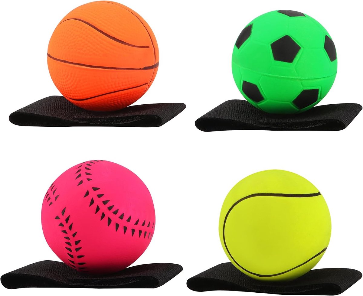 Springball met koord, sport pols return set, Ø 6 cm, 4 stuks armband, speelgoed voor kinderen en volwassenen, voetbal/basketbal/softbal/baseball (meerkleurig)