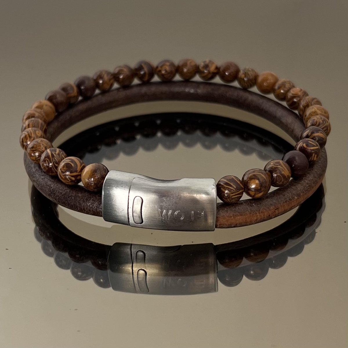FlowJewels - Wolf Men - heren armband - leer - natuursteen