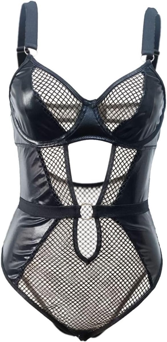 Open voorkantPU erotische eendelige ondergoed mesh sexy pyjama pure uniform set
