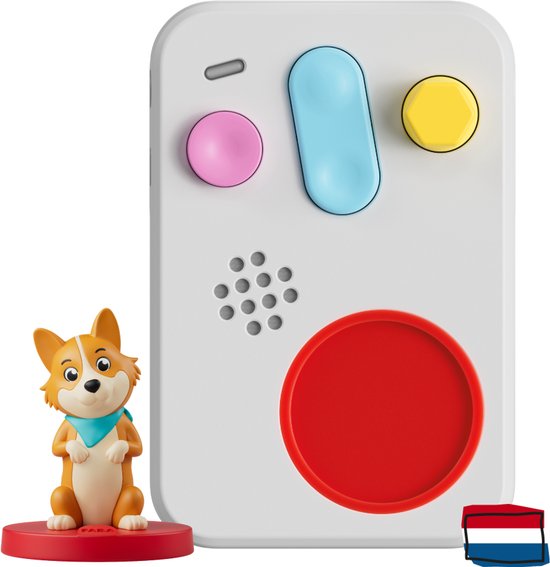 Oranje corgi figuur, Nederlandse vlag en een wit luisterapparaat met roze, blauwe en gele knoppen.