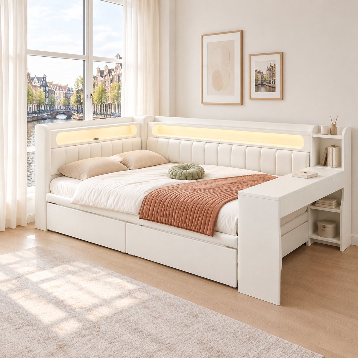 WUVRIE Gestoffeerd dagbed 140x200 cm met bureau, 2 lades, USB en 7 kleuren LED-verlichting, wit