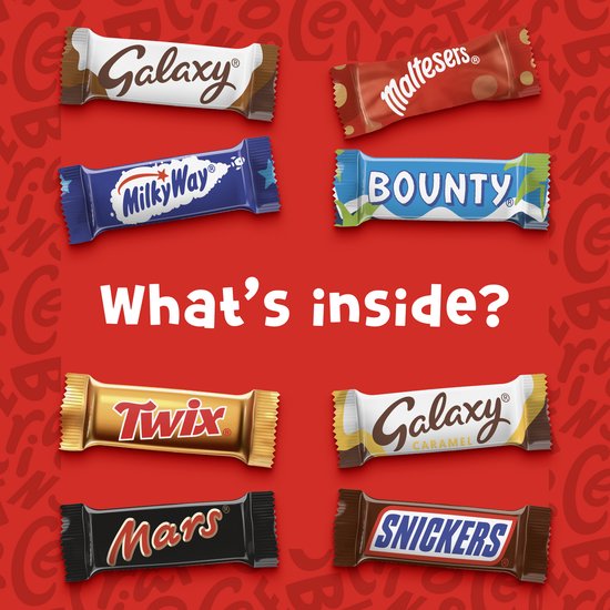 Overzicht van Celebrations-chocoladerepen: Galaxy, Maltesers, MilkyWay, Bounty, Twix, Galaxy Caramel, Mars, Snickers.