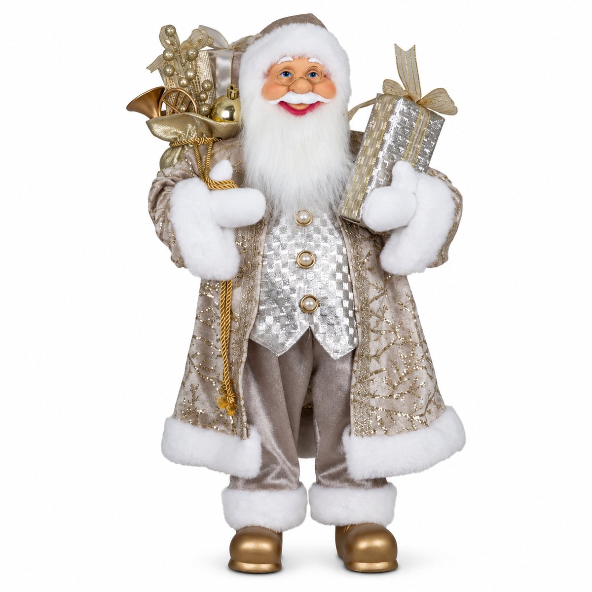 Benza – Kerstman XL - 80 x 47 x 27 cm – Staande Kerstdecoratie met Cadeaus en Kerstzak – Champagne/Goud