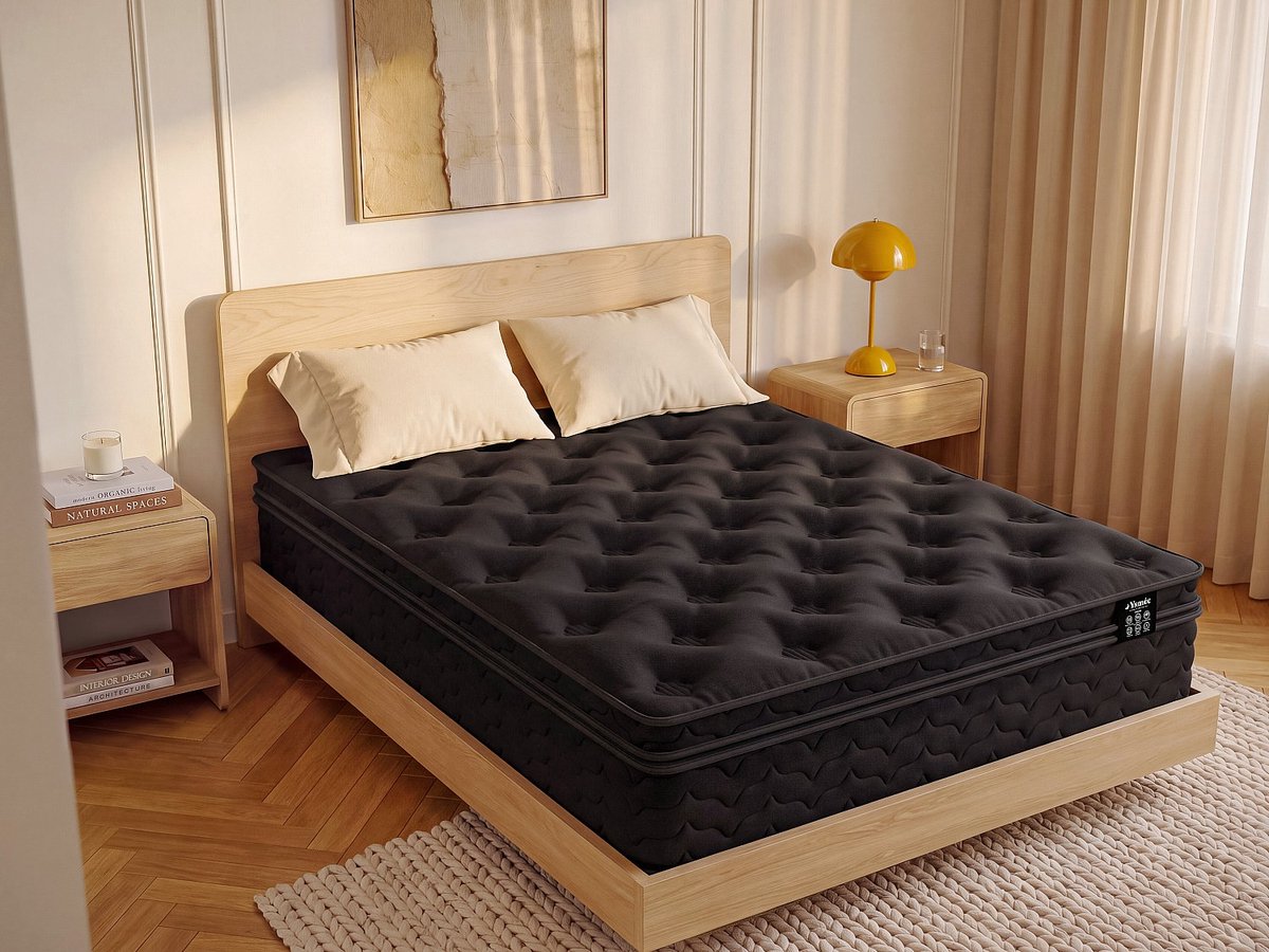 Vente-unique Matras 160 x 200 cm hybride met pocketveren, geïntegreerde topper en zwarte tijk - dikte 30 cm - van YSMÉE GAMIANI