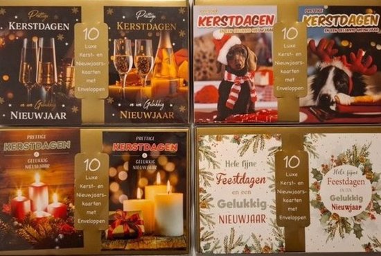 Luxe kerst- en nieuwjaarskaarten met champagne, honden, kaarsen en cadeaus.