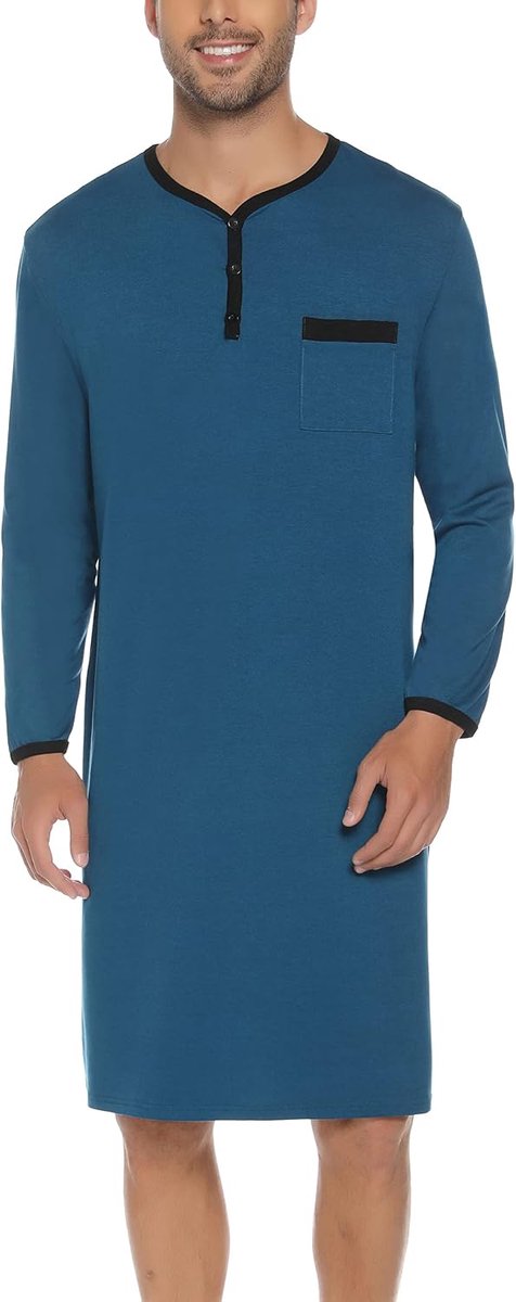 Nachthemd voor heren, katoenen pyjama met lange mouwen, korte mouwen, pyjama-bovenstuk, lang T-shirt, ronde hals met knopen, huiskleding, grote maat, zacht, comfortabel
