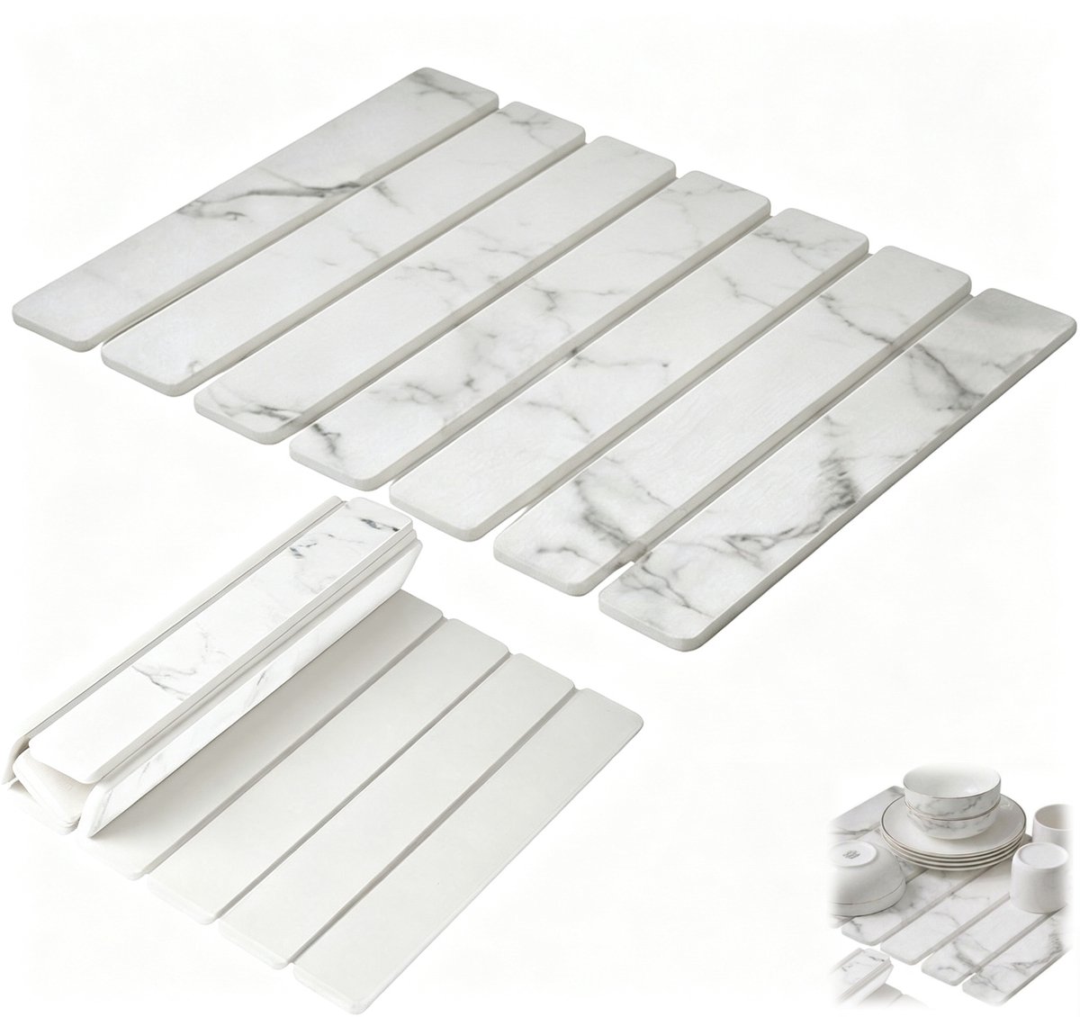1 stuk - kieselgur droogmat - keuken droogmat - vaat droogmat, aanrechtmat - marmer motief, opvouwbaar - 7 segmenten, zeer absorberend - hittebestendig - 40x30 cm - voor keuken aanrecht, spoelbak, vaat drogen - wit