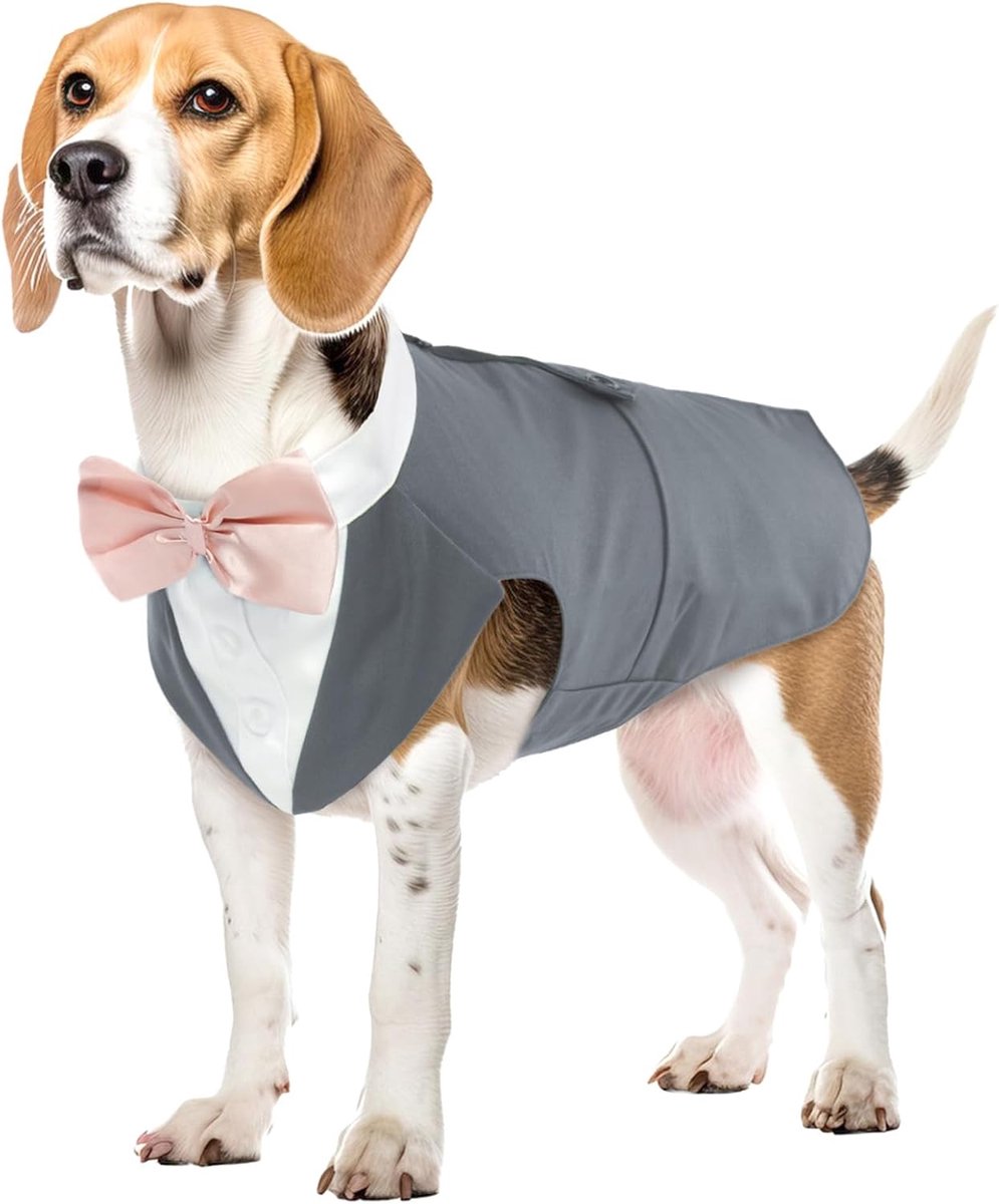 Hondenshirt Puppy Hondenkleding Mode Pak Smoking Vlinderhemd met Stropdas Hond Bruiloft Vlinderdas Pak voor Bruiloftsfeest Halloween Kerstmis Festival Partij(Grijs, L)